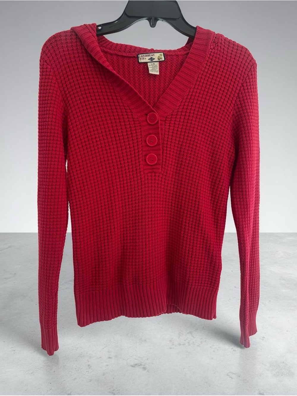 Caribbean Joe Red Waffle Knit Henley Button Pullover Hoodie Sweater Size L